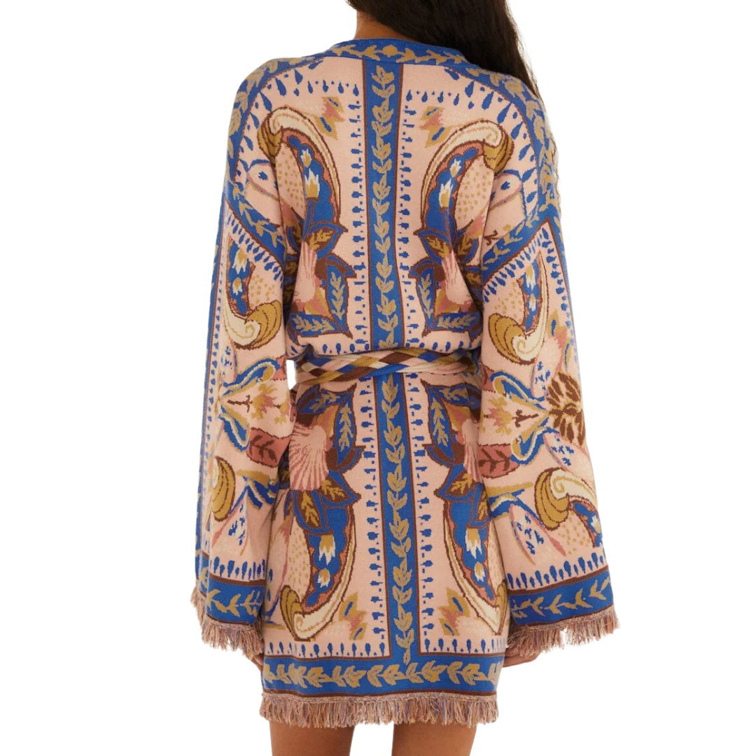 Scarf Tassels Knit Mini Dress in Blue Sea Garden