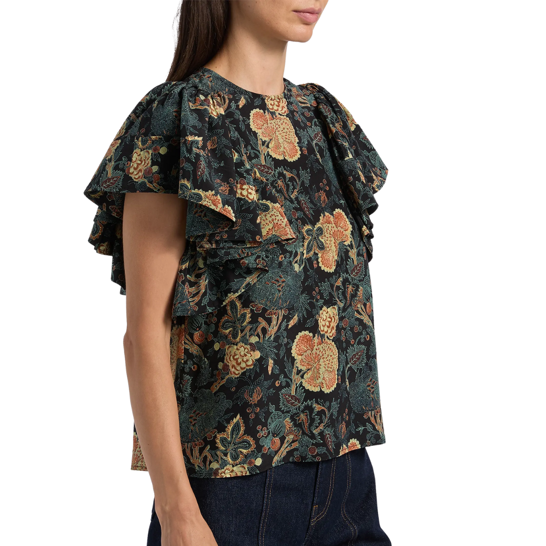 Lena Silk Flutter Sleeve Blouse in Nuit