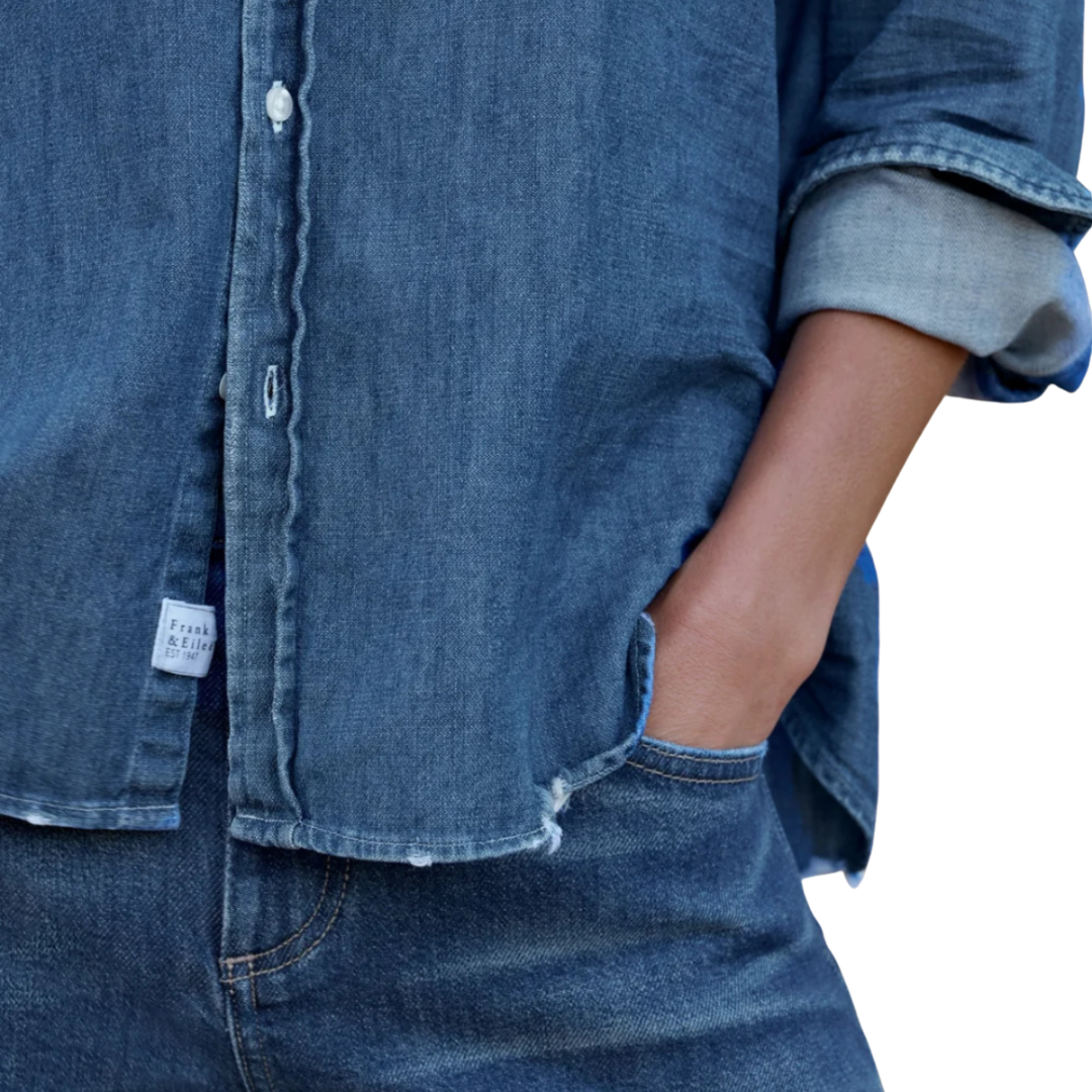Eileen Relaxed Button-Up Shirt in Distressed Indigo Washed Denim
