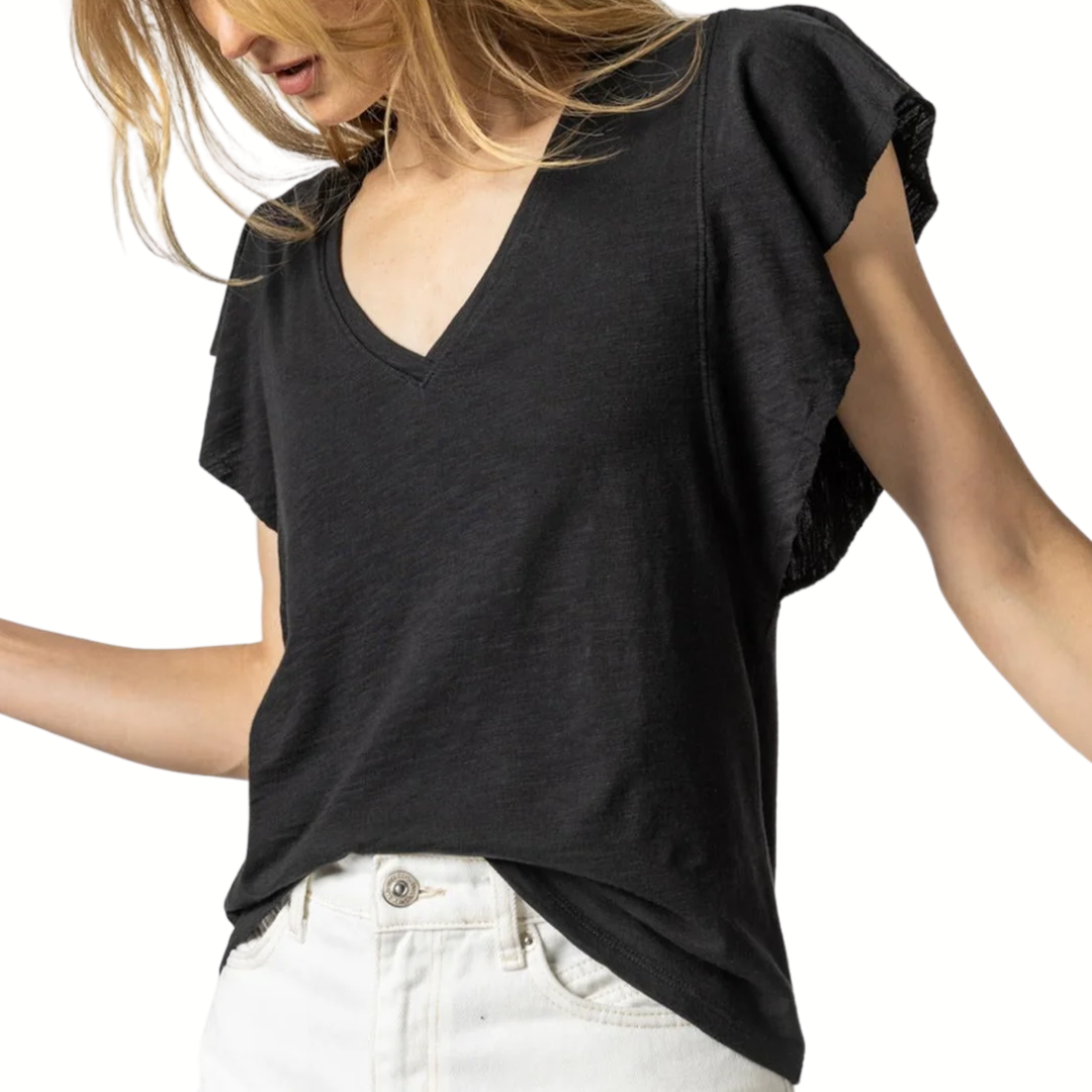 Flutter Sleeve V-Neck in Black