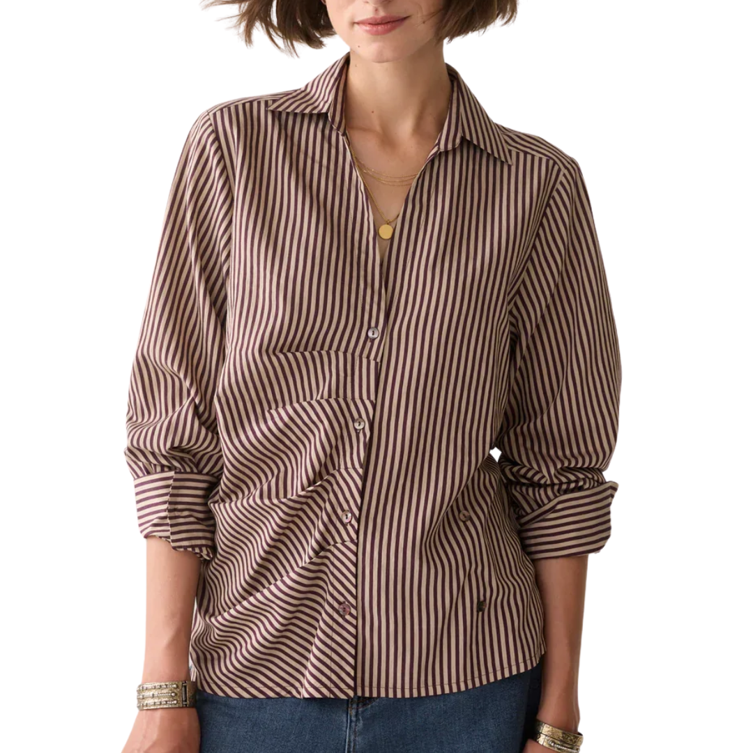 Two Tone Small Stripe Blouse in Dark Burgundy