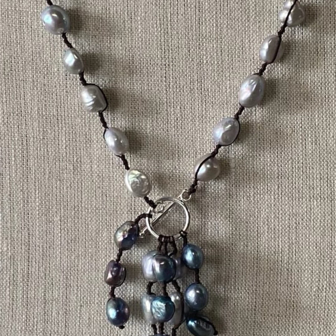 Emilia Necklace in Grey Pearl/Brown Silk