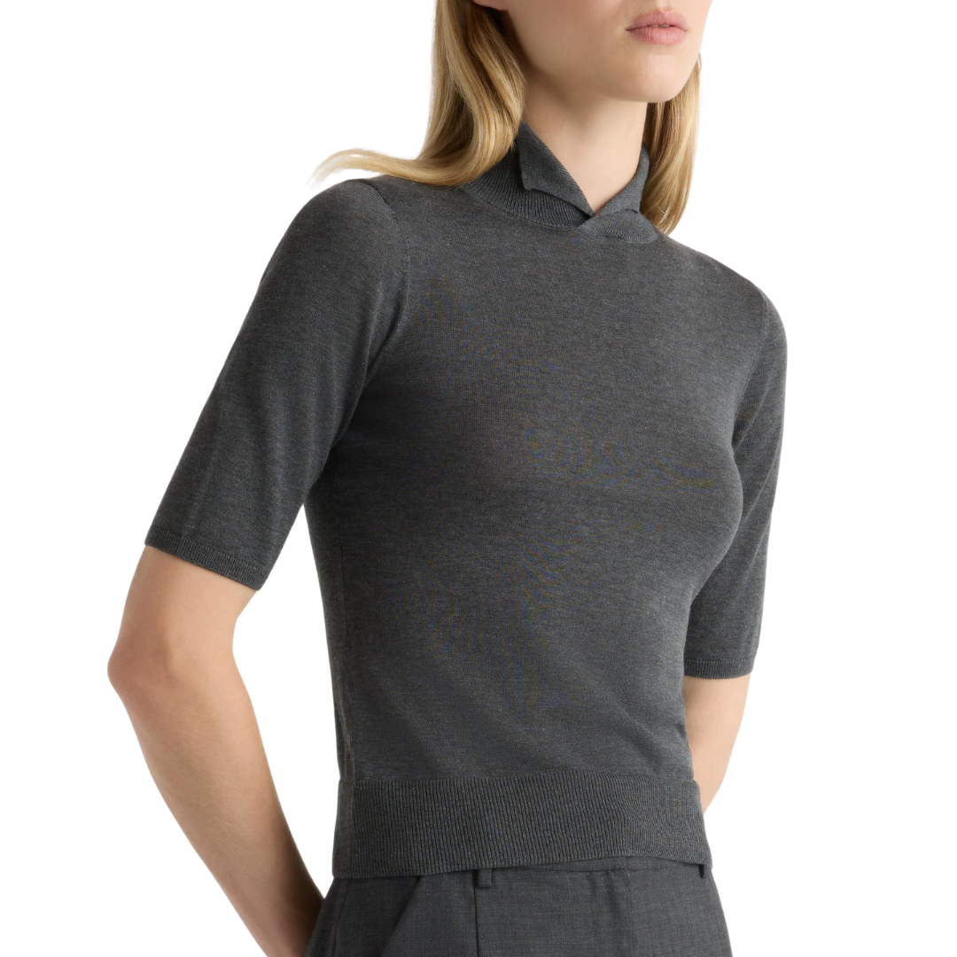 Gia Cotton-Silk Turtleneck Knit Top in Heather Charcoal