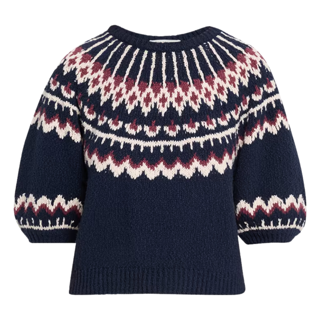 Puff Sleeve Fair Isle Crew in Navy/Wine Combo