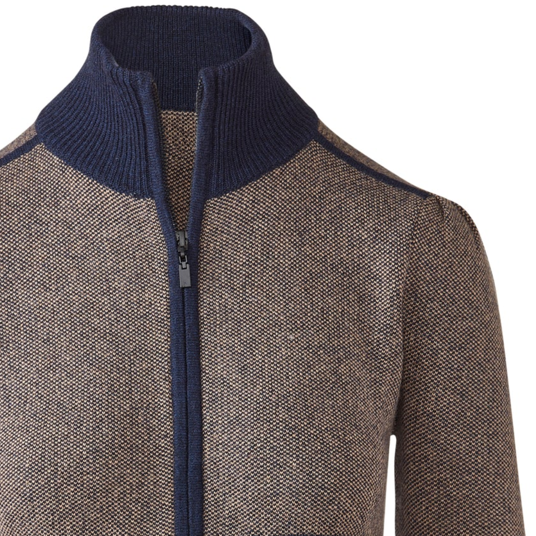 Tweed Zip Mock Cardigan in Navy/Scotch