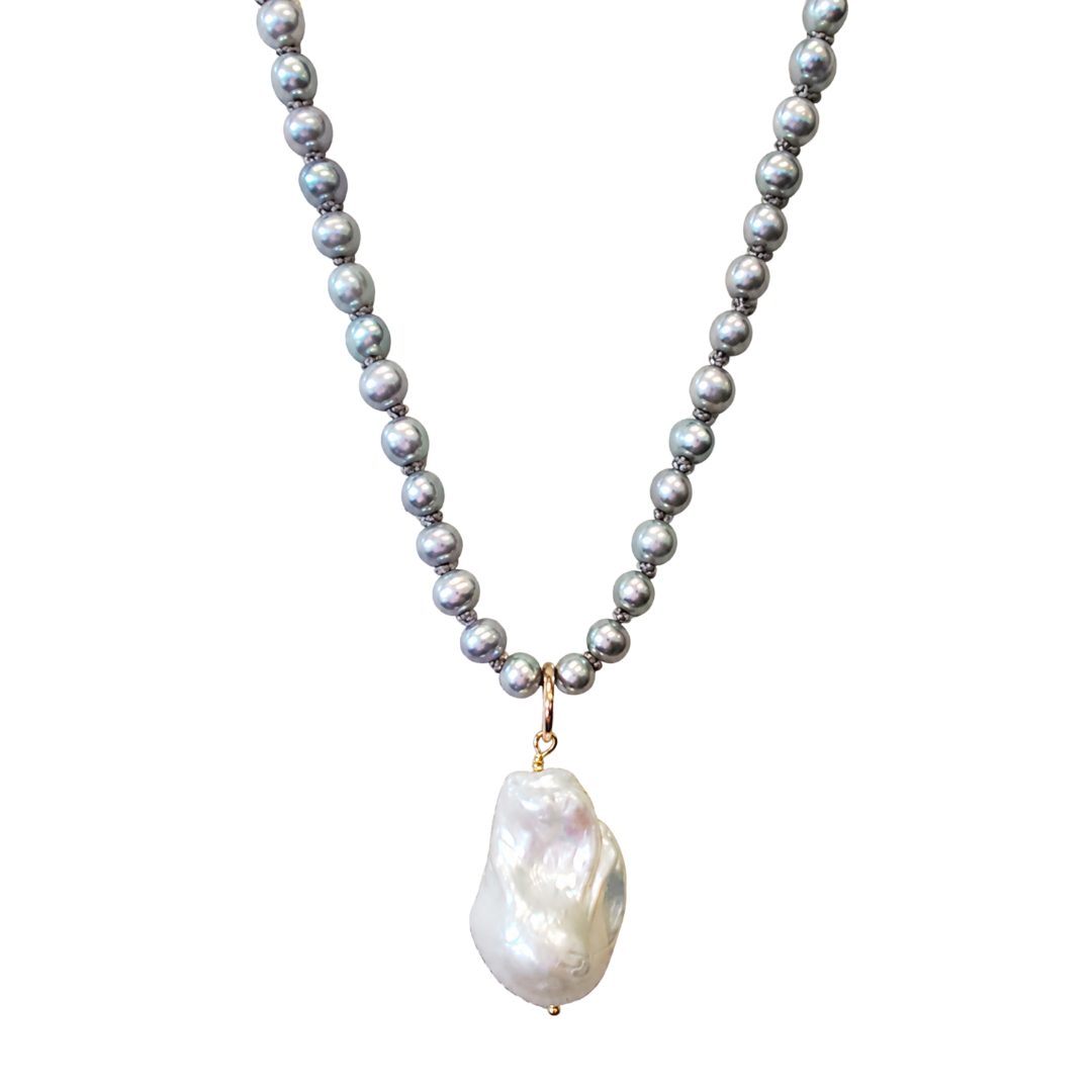 Large White Baroque Pearl 34" Necklace in Grey