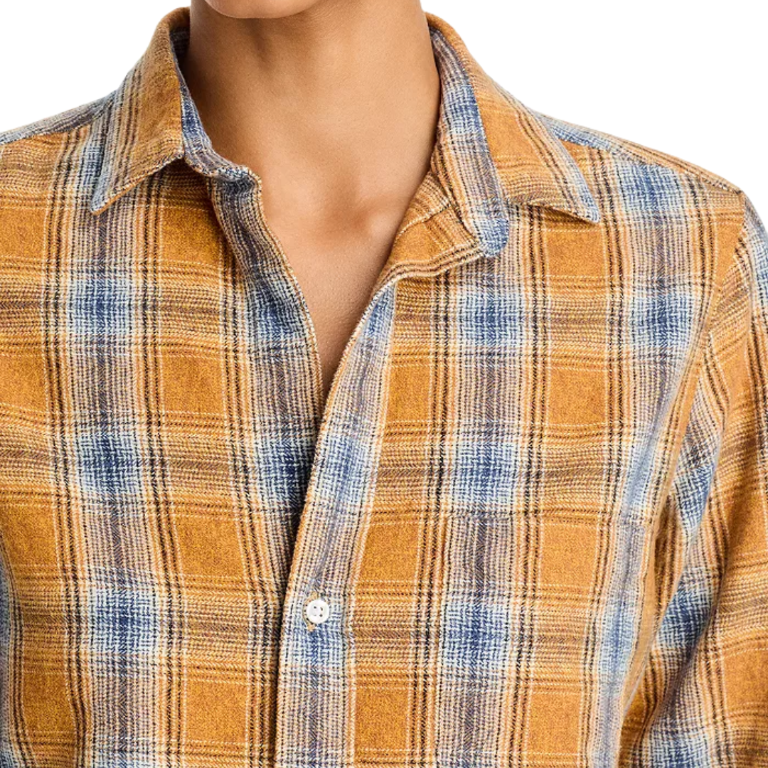 Silvio Untuckable Button-Up Shirt in Gold Blue Large Plaid