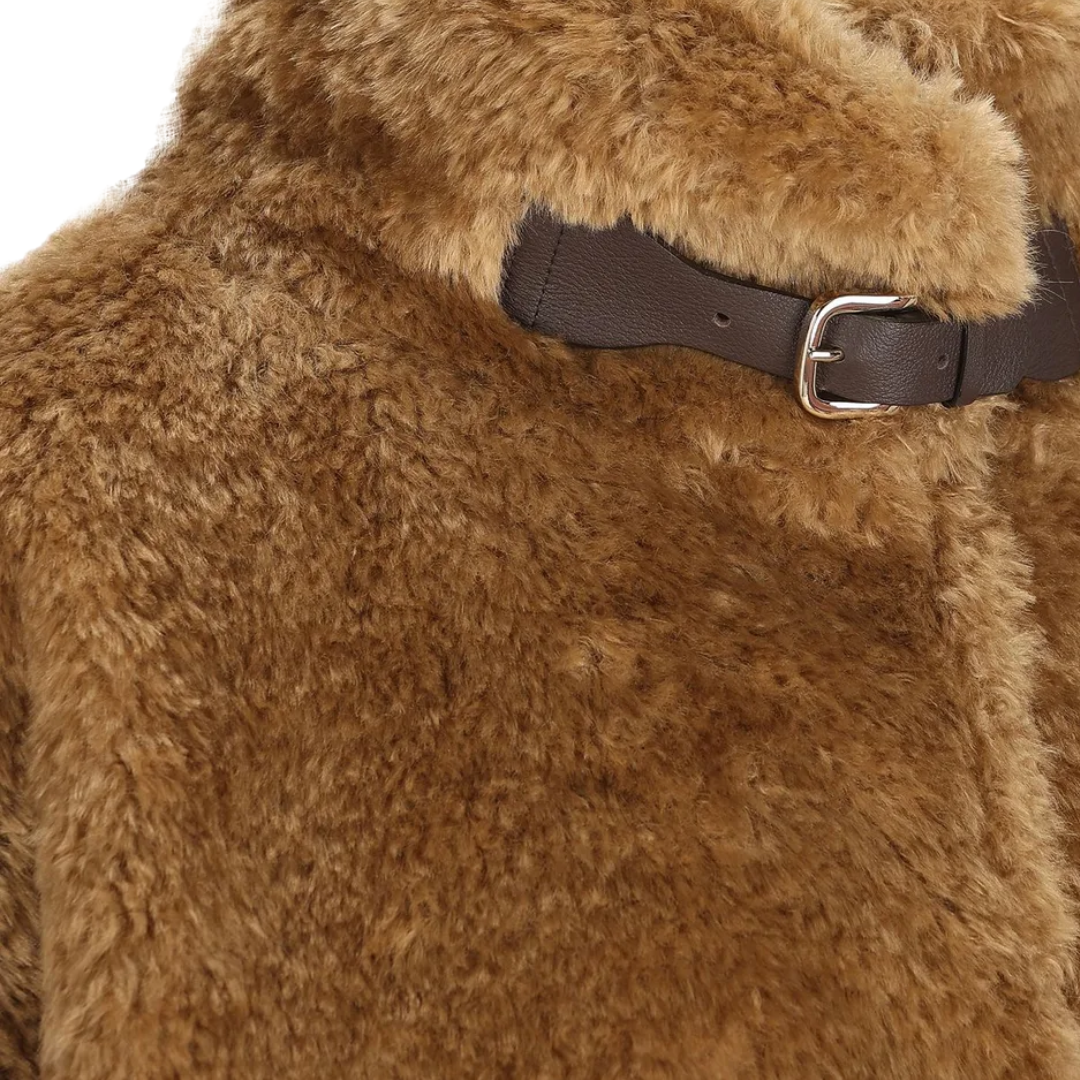 Buckle Detail Shearling Coat in Sand
