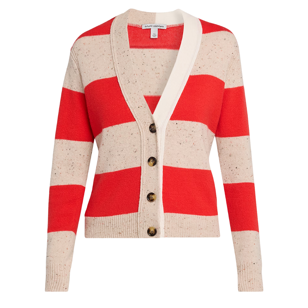 4-Ply Rugby Cardigan in Wild Rice/Redhot/Chalk Combo