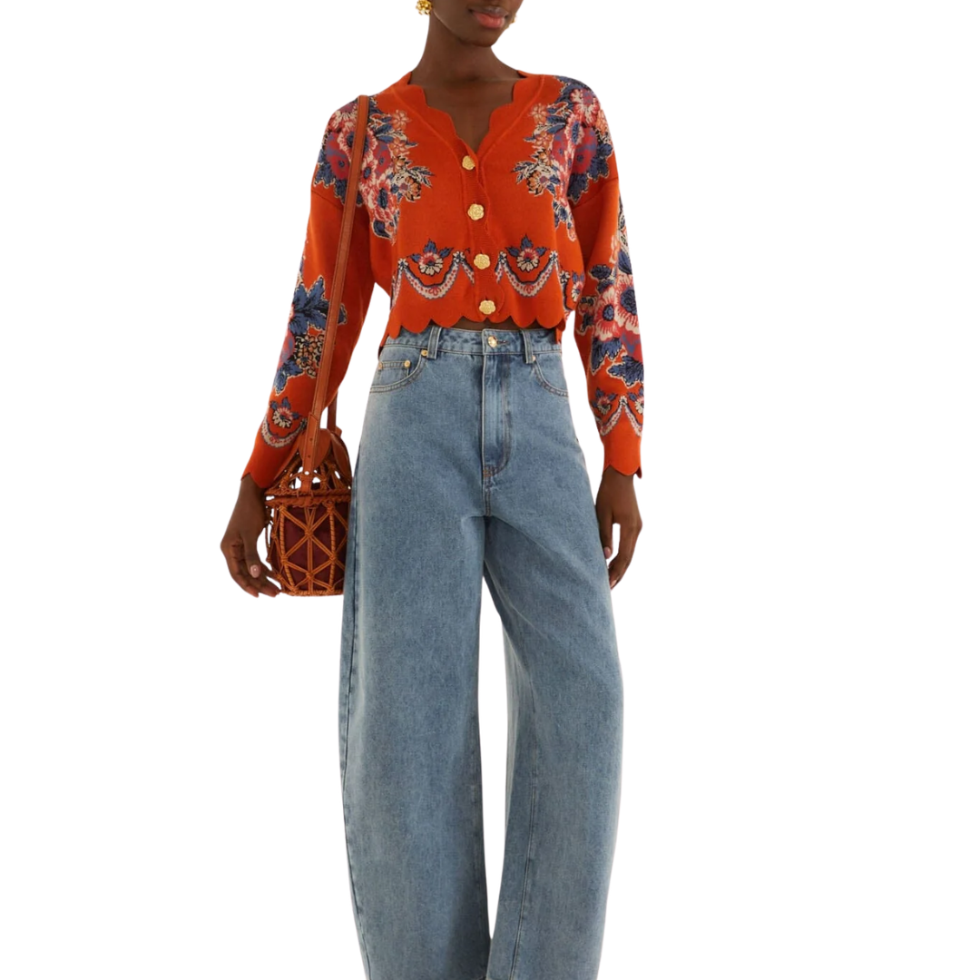 Victorian Floral Buttoned Knit Cardigan in Terracota