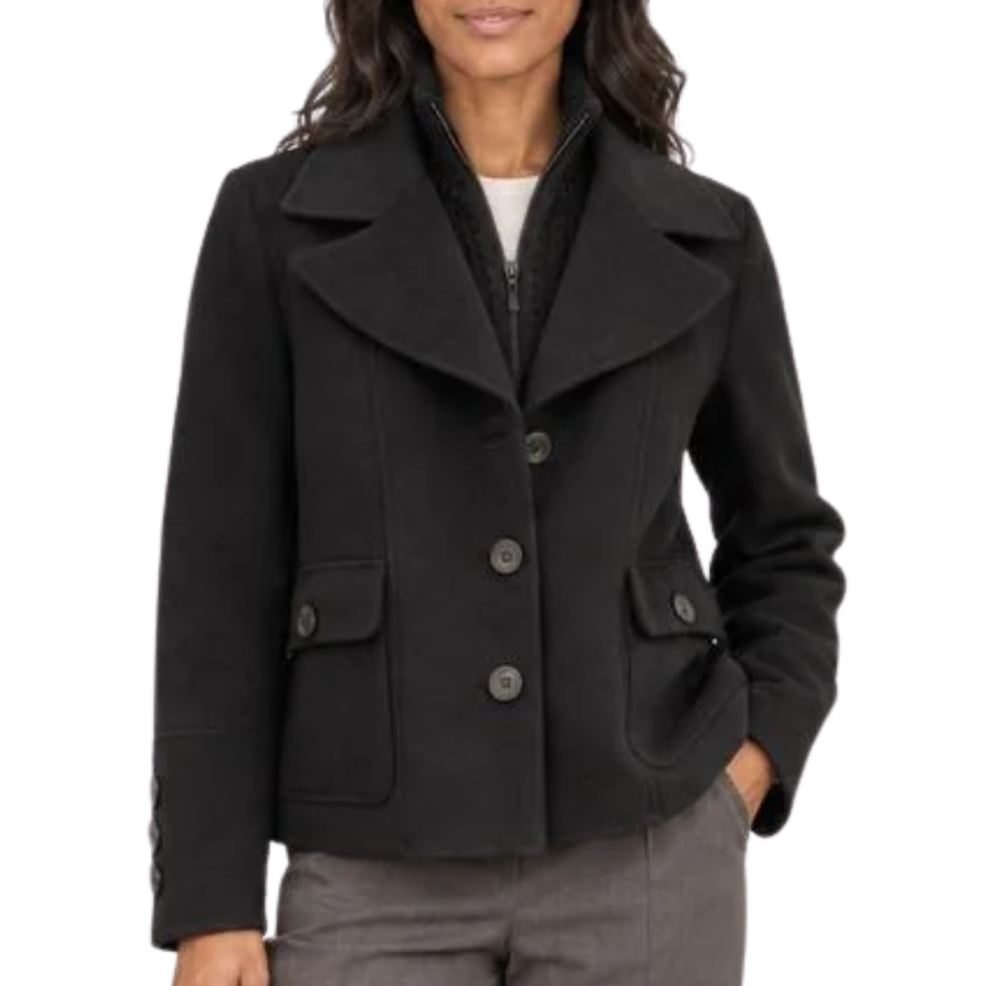 Cable Knit Insert Notch Collar Coat in Black