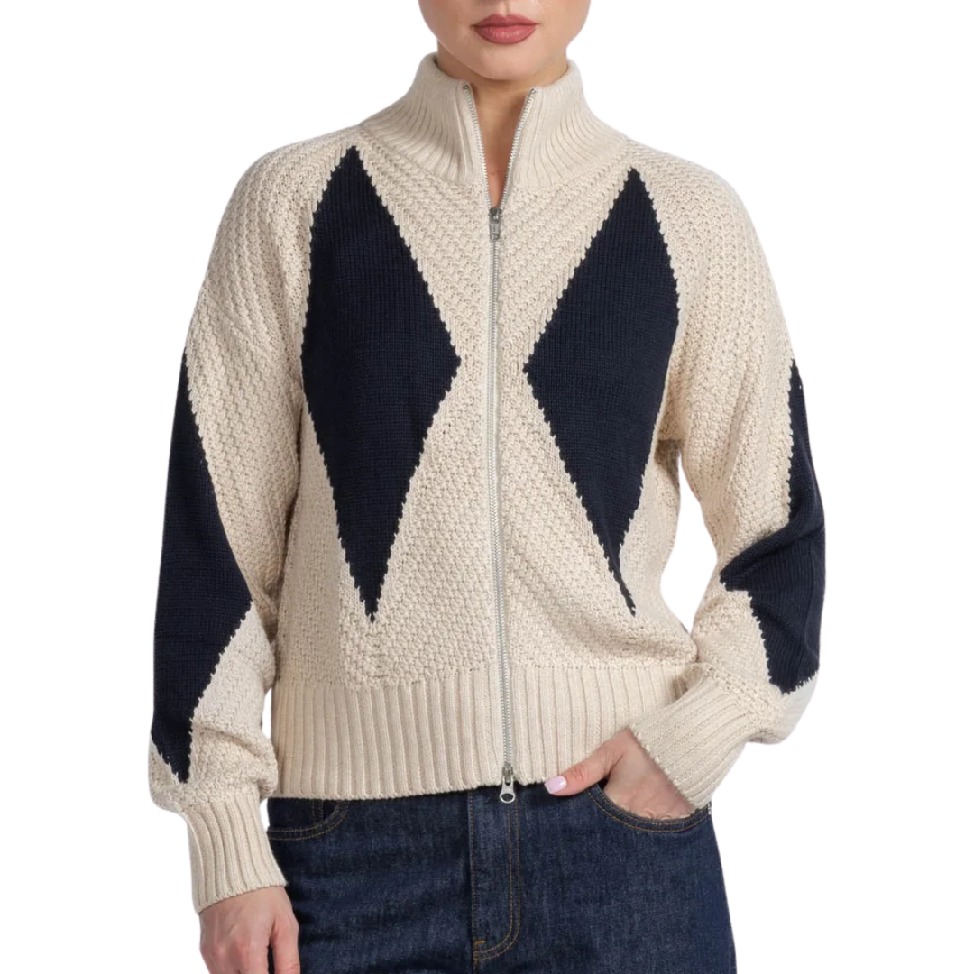 Diamond Mock Neck Zip Up in Natural/Navy blue