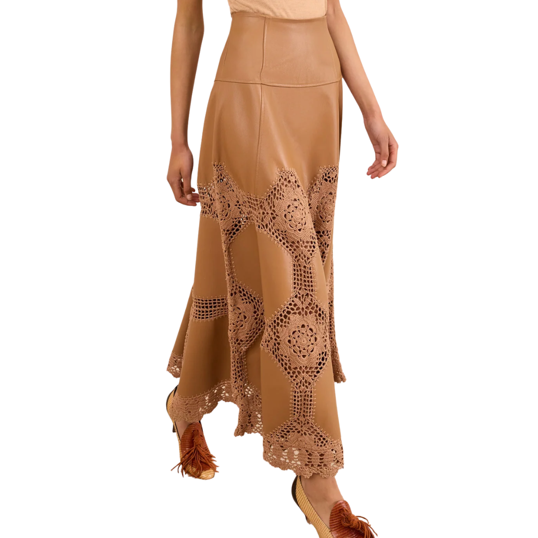 Izra Crochet & Leather Skirt in Camel
