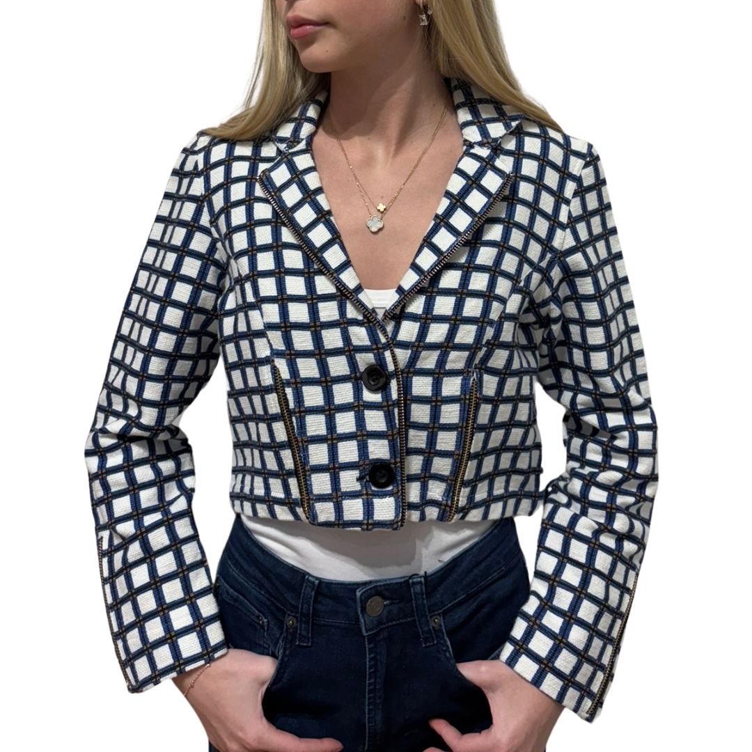 Cropped Moto Jacket in Blue/White