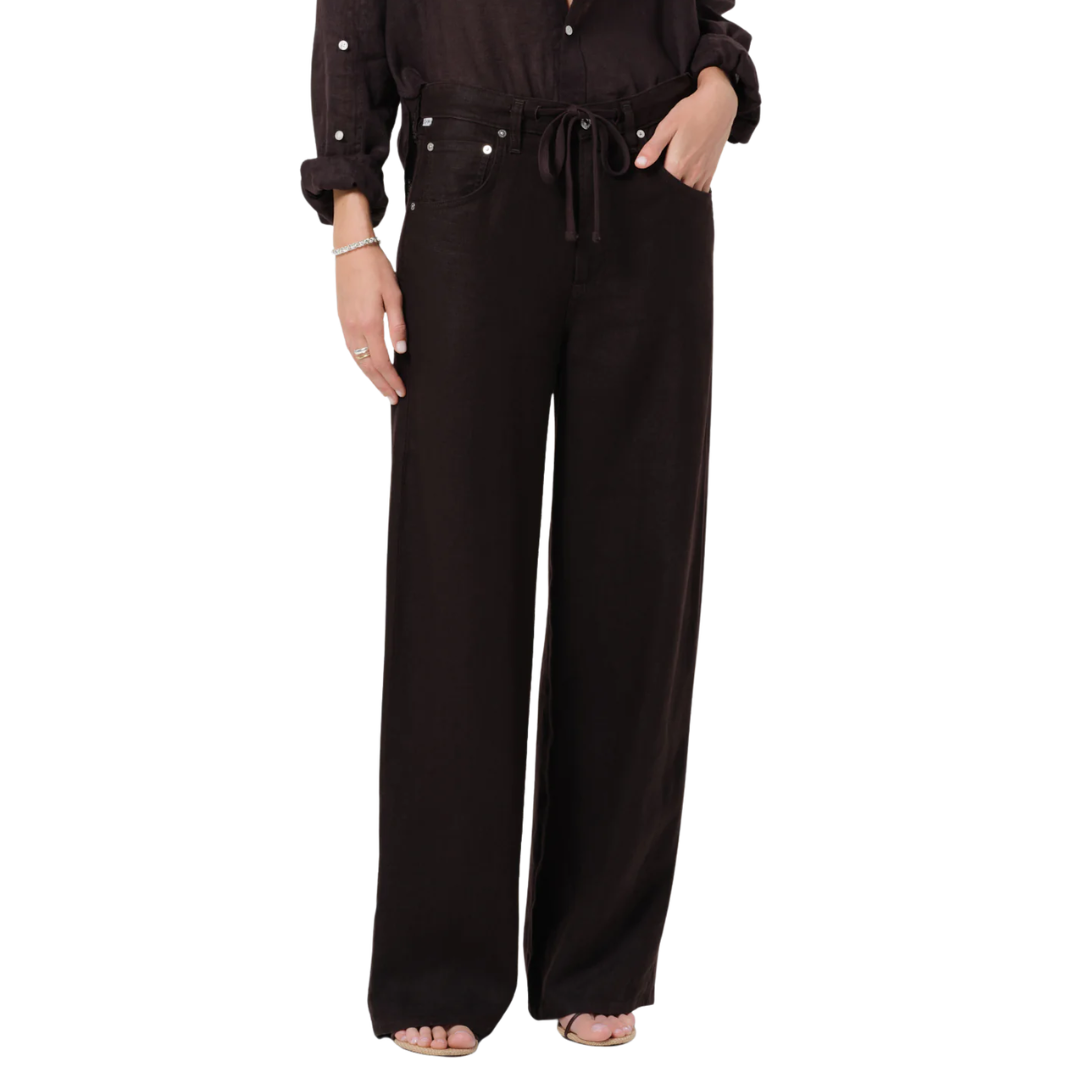 Brynn Drawstring Linen Trouser in Chocolate