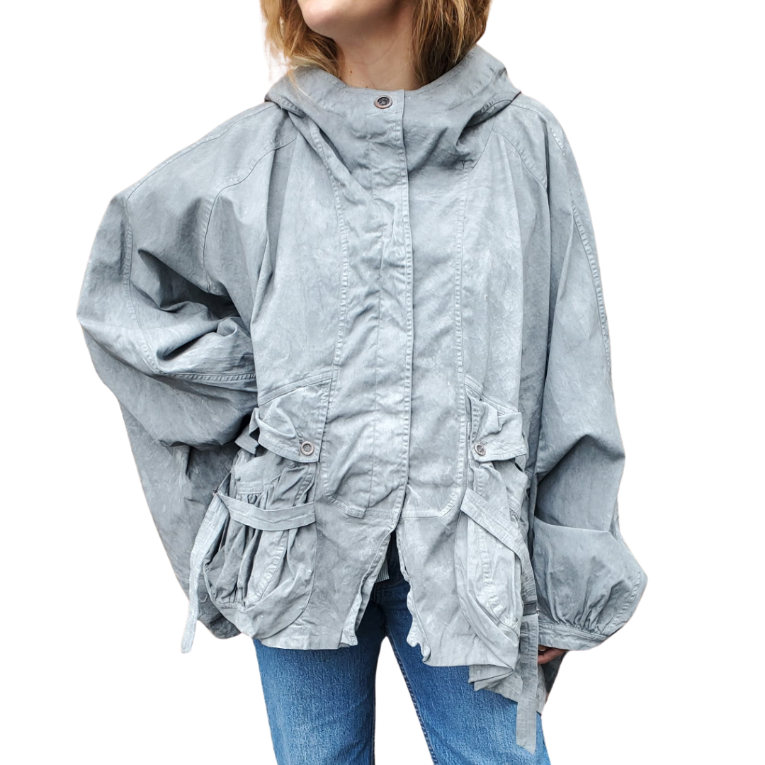 Balloon Sleeve Jacket With Hood in Seaweed Fog