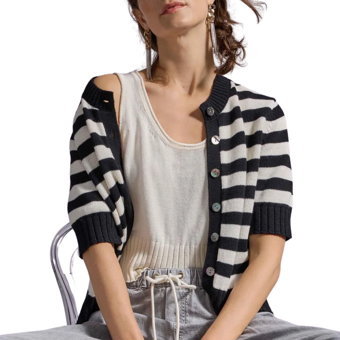 Elbow Sleeve Button Cardigan in Jet Black Stripe