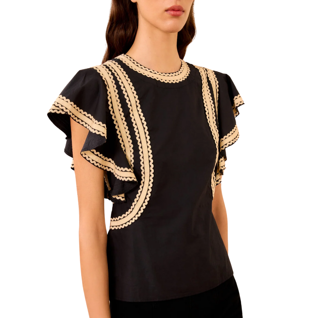 Anora Flutter Sleeve Top in Noir