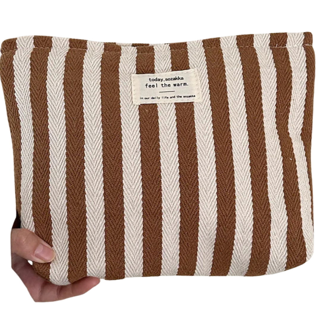 Striped Color Block Simple Make Up Bag in Brown