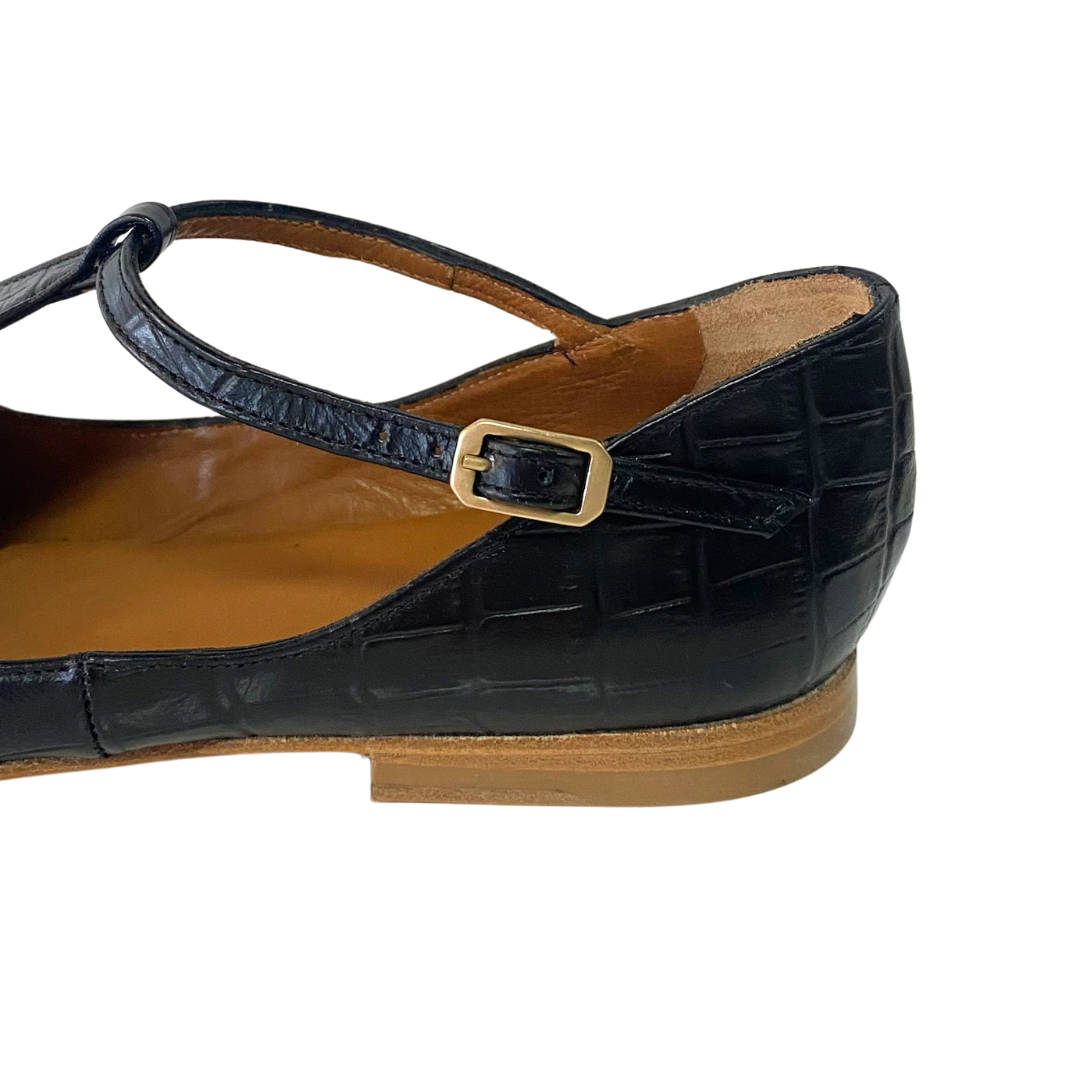 Celeste T-Strap Flat Croco in Black