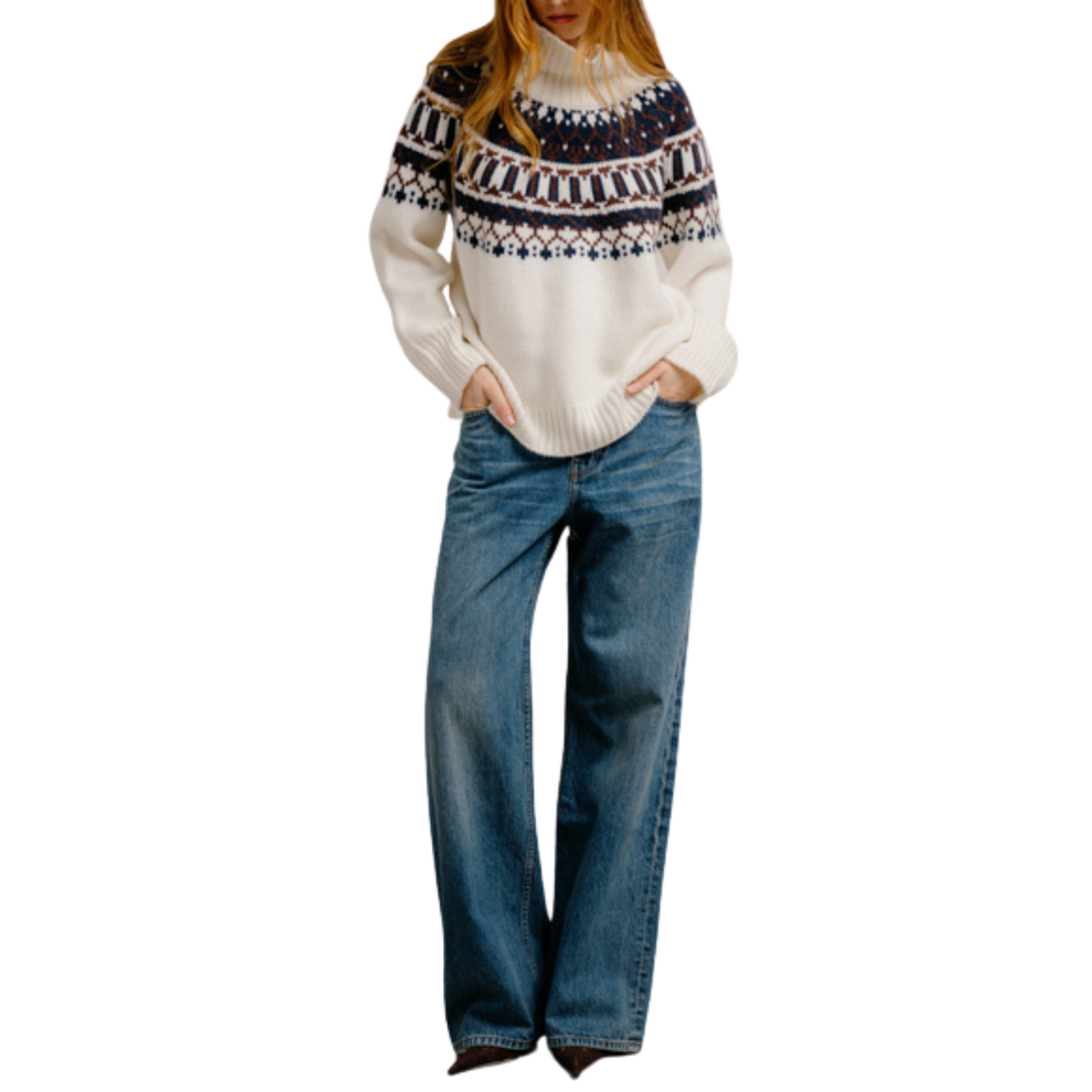 Scottie Slouchy Fair Isle Cashmere Mock Neck in Gardenia Fair Isle