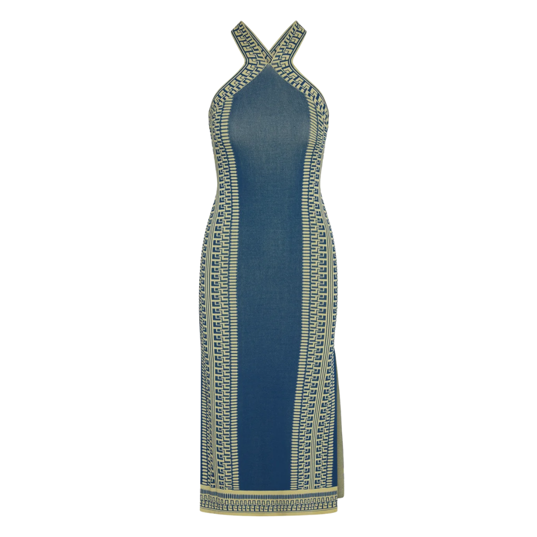Odessa Dress in Aegean Geometry Blue