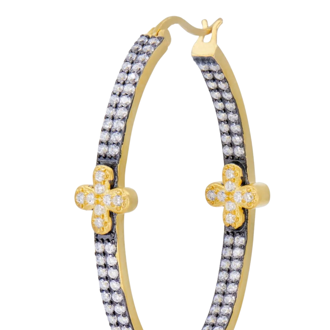 Pavé Double Row Clover Hoop Earrings in Gold & Black