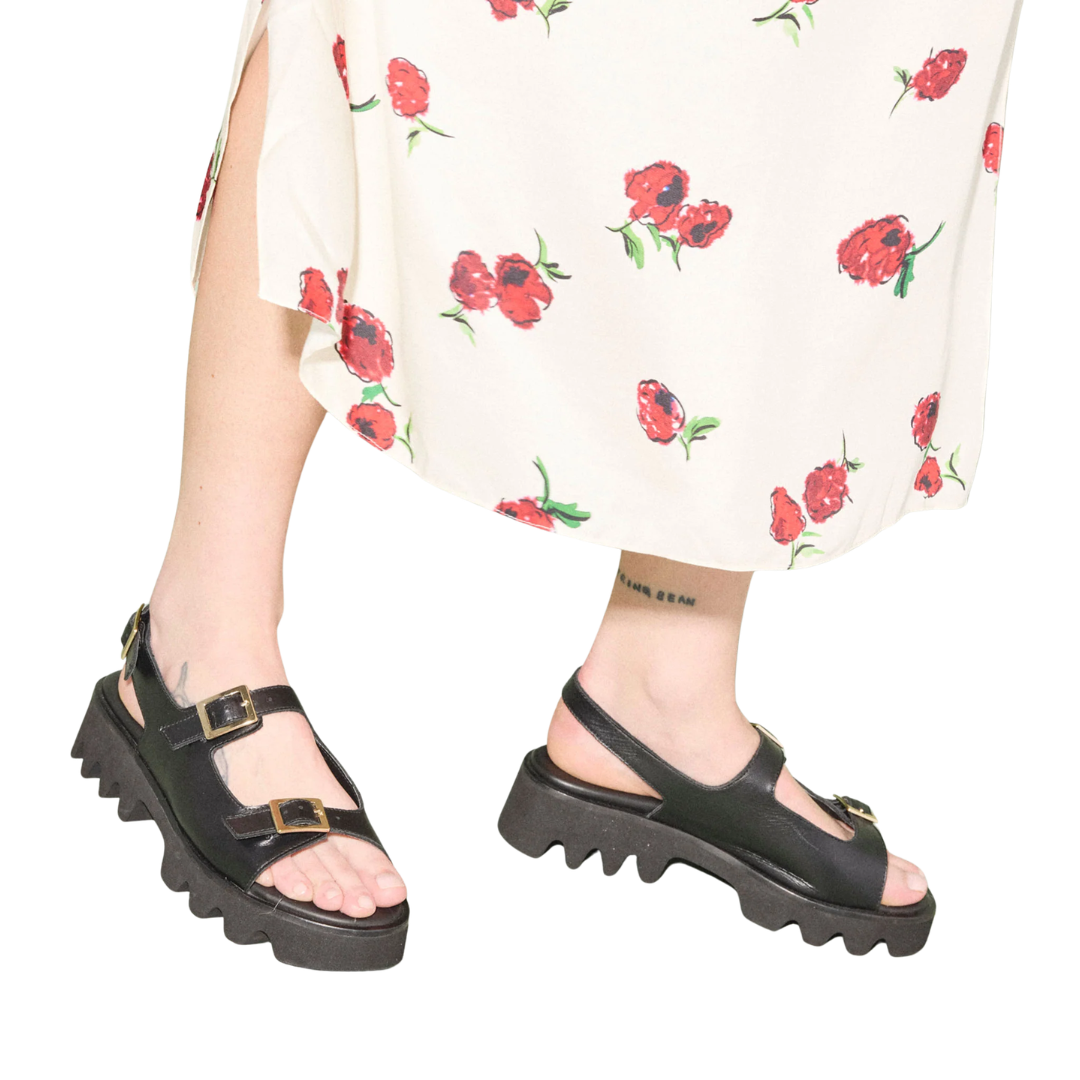 Mindy Lug Sole Sandal in Black Calf