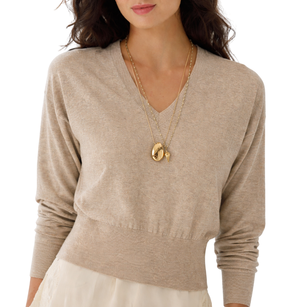 L/S Cropped High V w/ Back Yoke in Bone