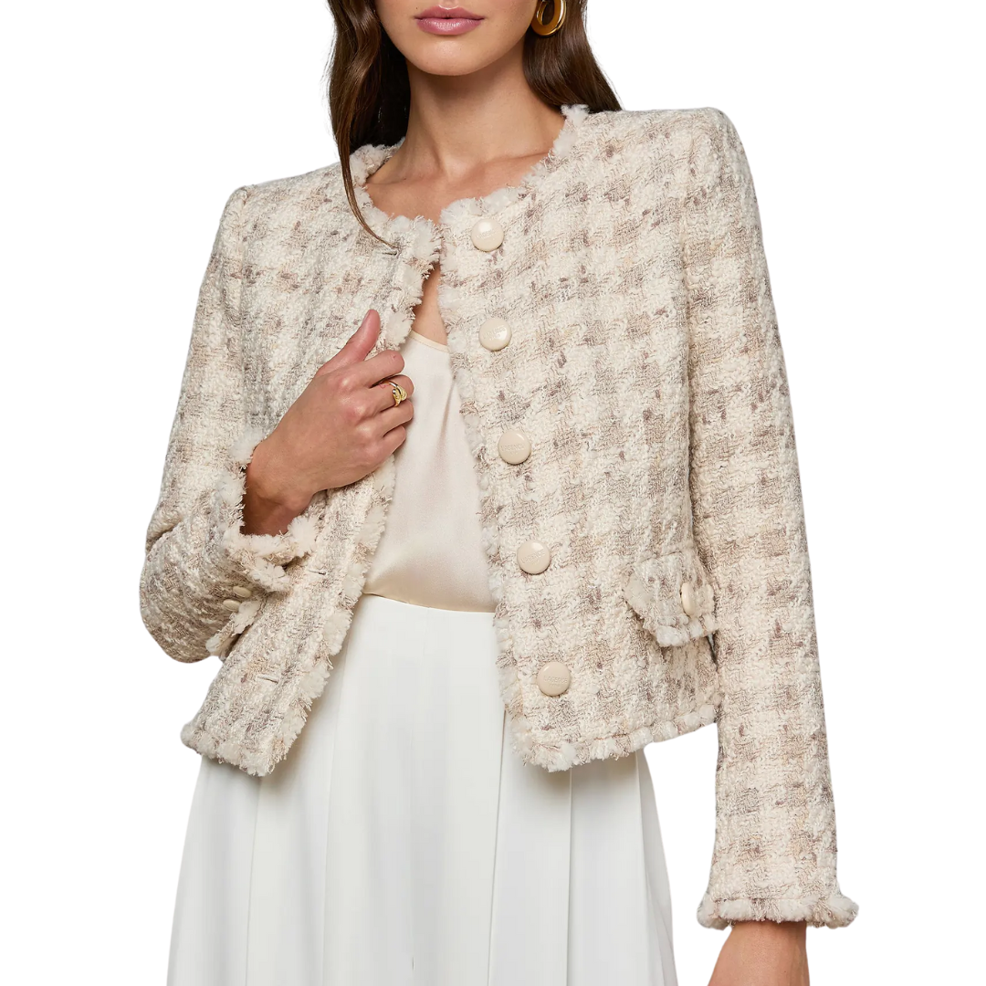 L'agence Zell Collarless Jacket in Taupe/Grey Houndstooth