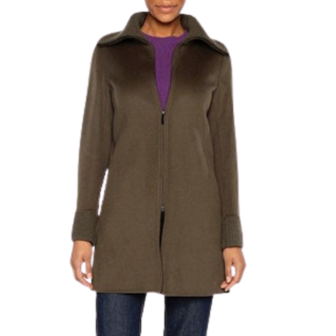 Knit Trim Zip Mock Coat in Loden