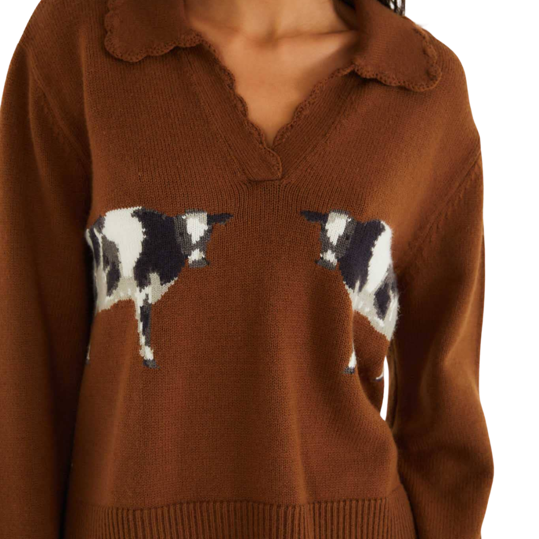 Countryside Cow Collared Knit Sweater in Brown