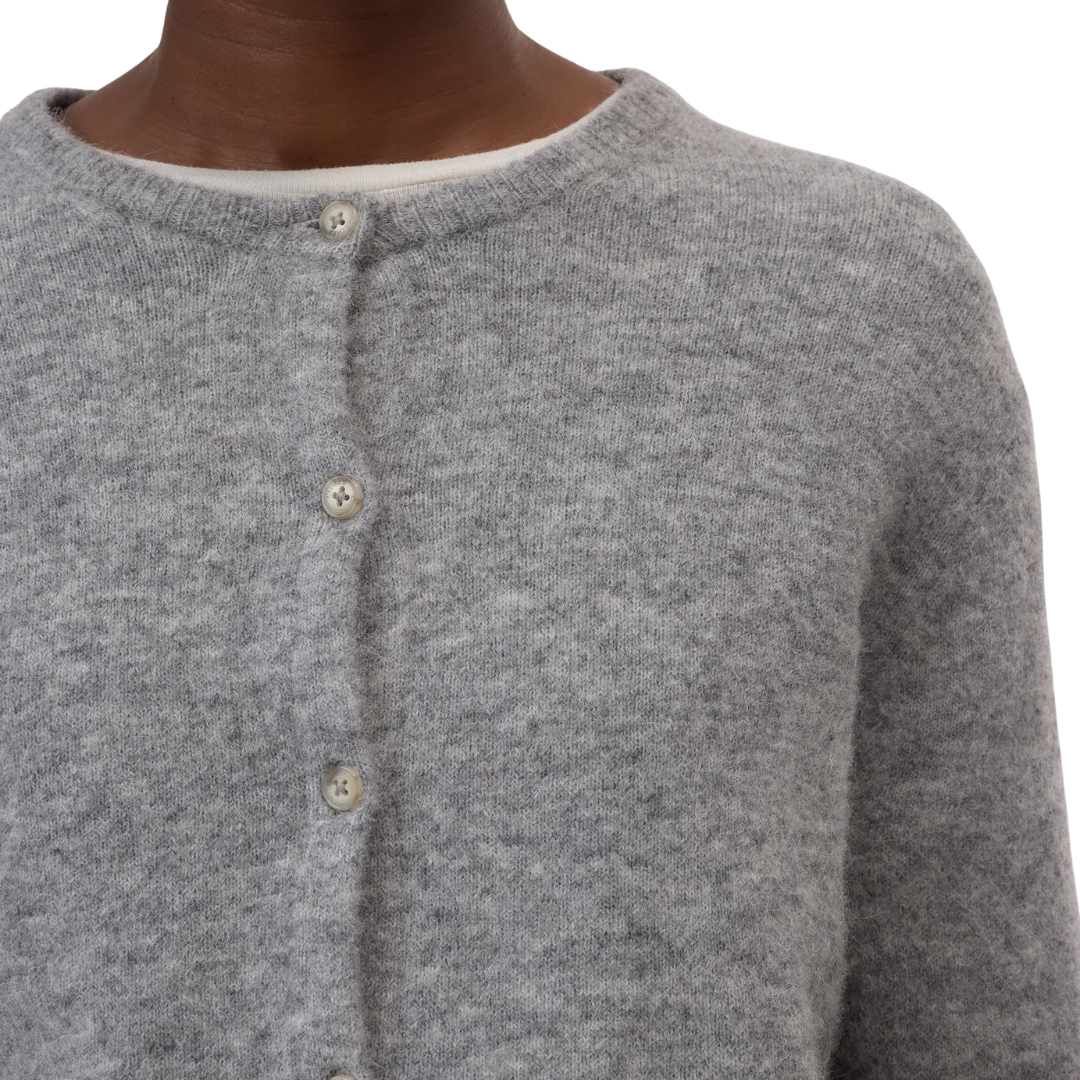 Crew Neck Cardigan in Light Grey Melange