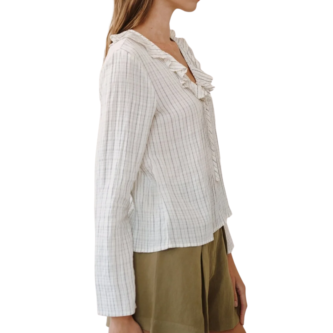 Tie Ruffle Neck Top in Ecru/Black Pinstripe