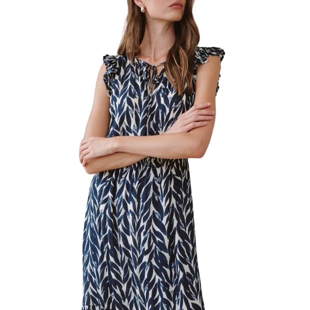 Ruffle Midi Dress in Navy Leaves