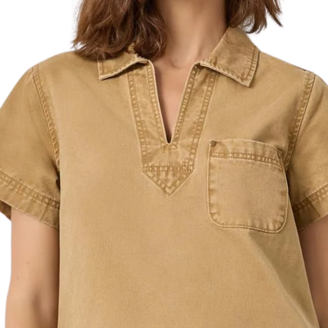 Twill Split Neck Collard Dress in Buckwheat