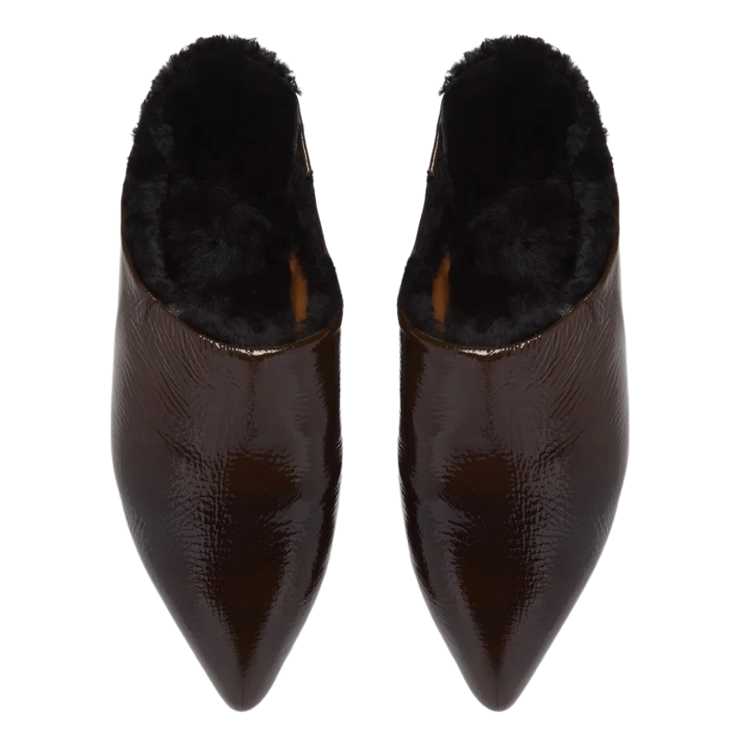 Dia Shearling Slide in Moule Crinkled Patent