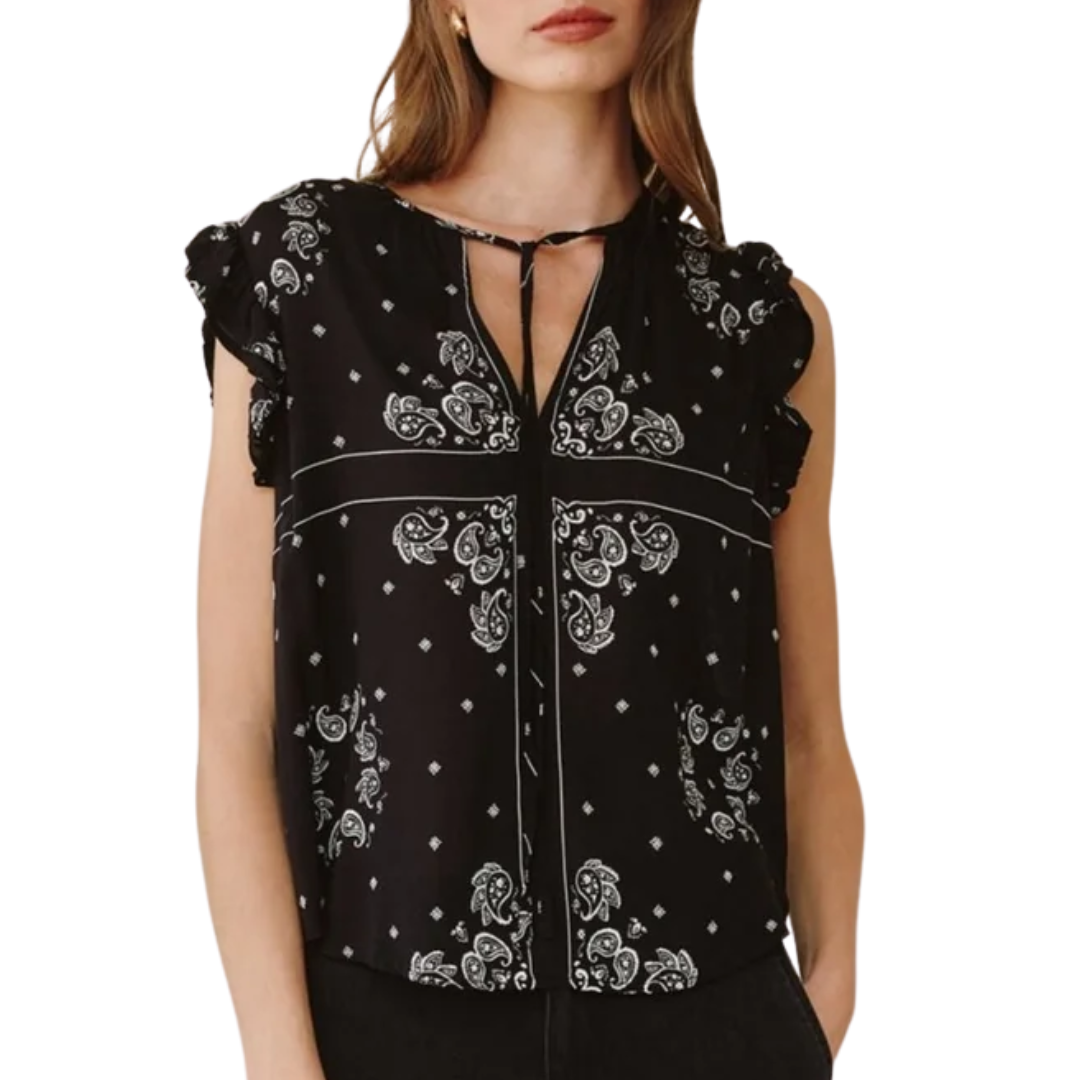 Ruffle Sleeve Tie Neck in Bandana Print