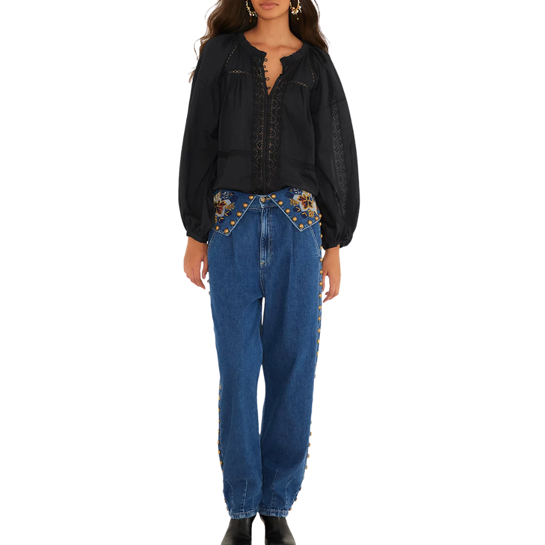 Boho Lace Long Sleeve Blouse in Black