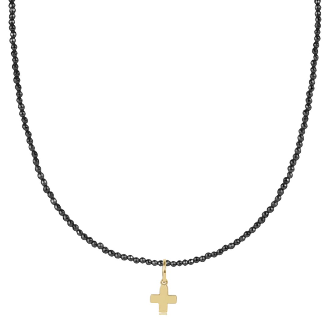 17" Choker Faceted Hematite 2mm Signature Cross Gold Charm