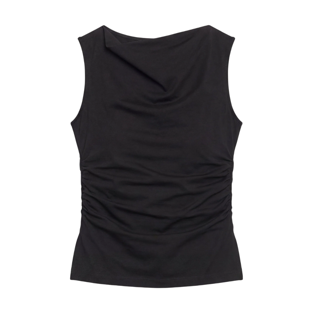 Josie Shirred-Side Cowl-Neck Tee in Black