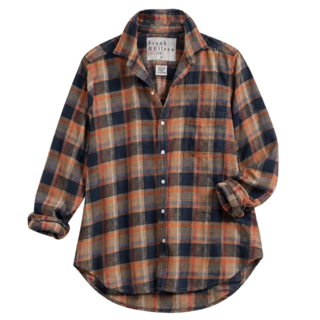 Eileen Relaxed Button-Up Shirt in Gold and Navy with Orange Plaid Flannel