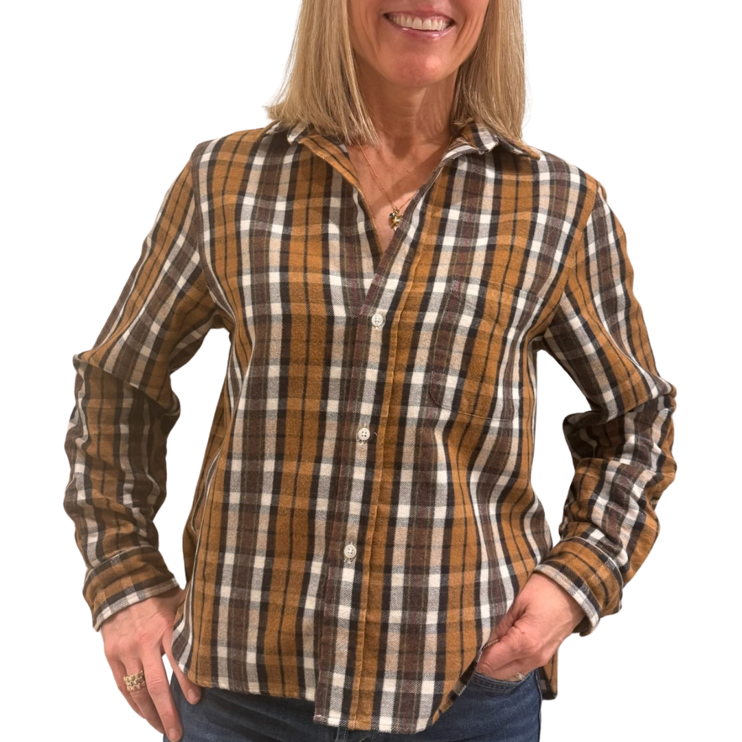 Silvio Untuckable Button-Up Shirt in Large Brown, Cream, Red Plaid