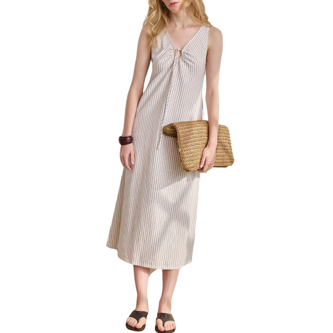 Lilla P Striped Keyhole Midi Dress in Bark Stripe