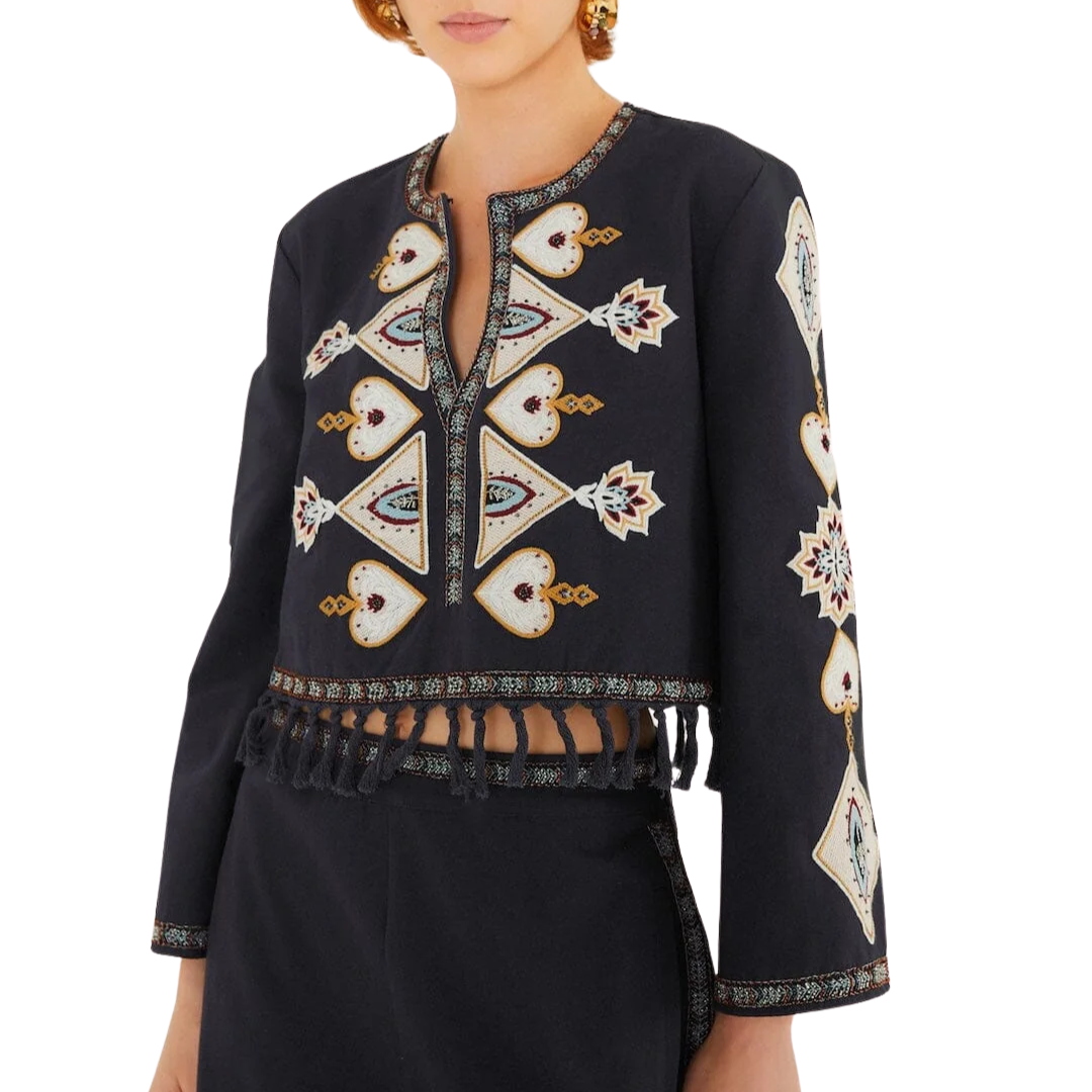 Embroidered Long Sleeve Fringe Crop Top in Bird Leaves