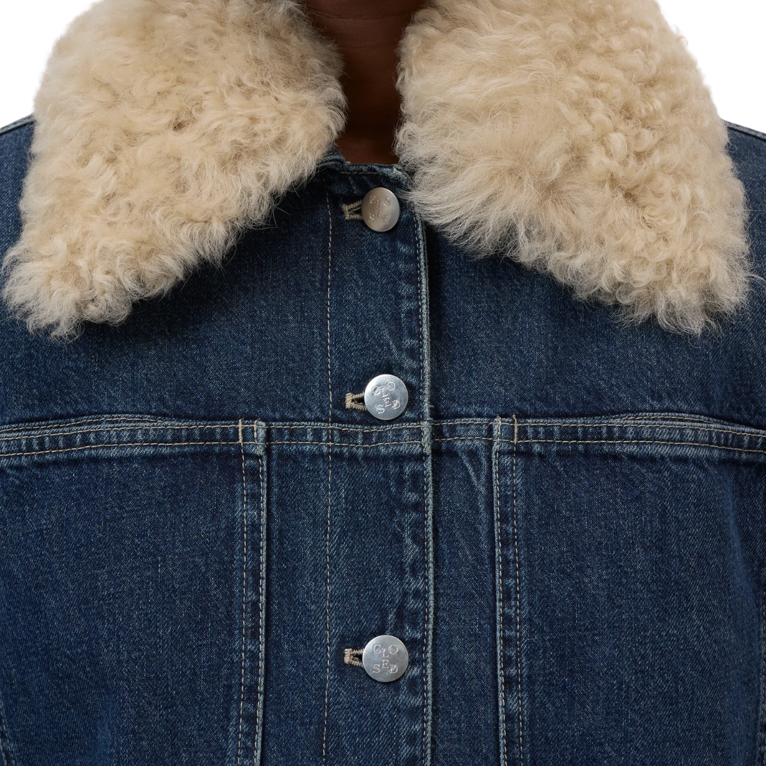 Denim Jacket Shearling Collar in Dark Blue