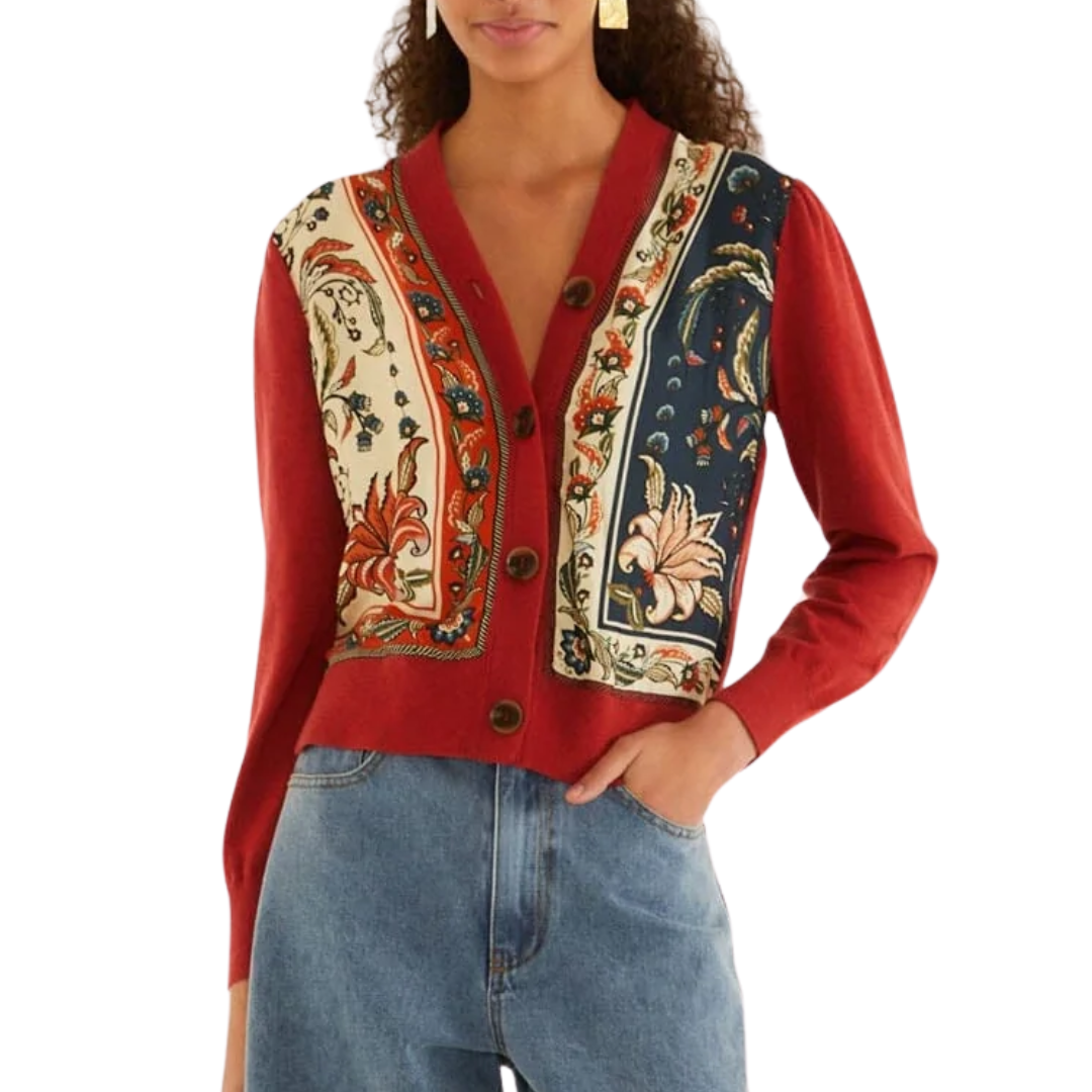 Ainika Garden Scarf Buttoned Knit Cardigan in Red