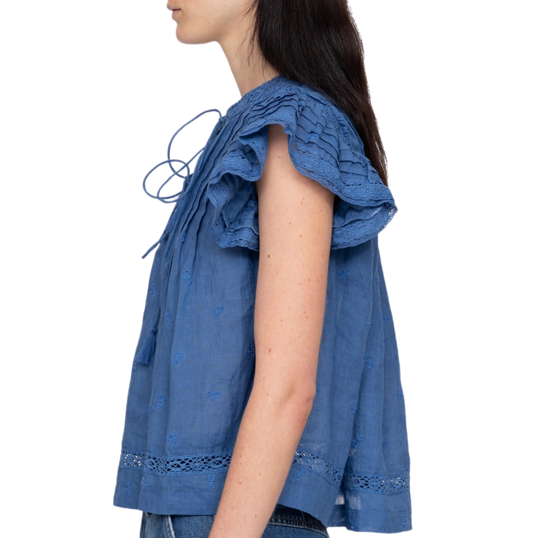 Loren Solid Flutter Sleeve Top in Blue