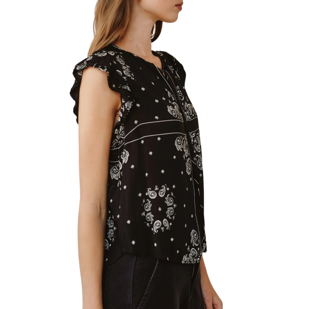 Ruffle Sleeve Tie Neck in Bandana Print