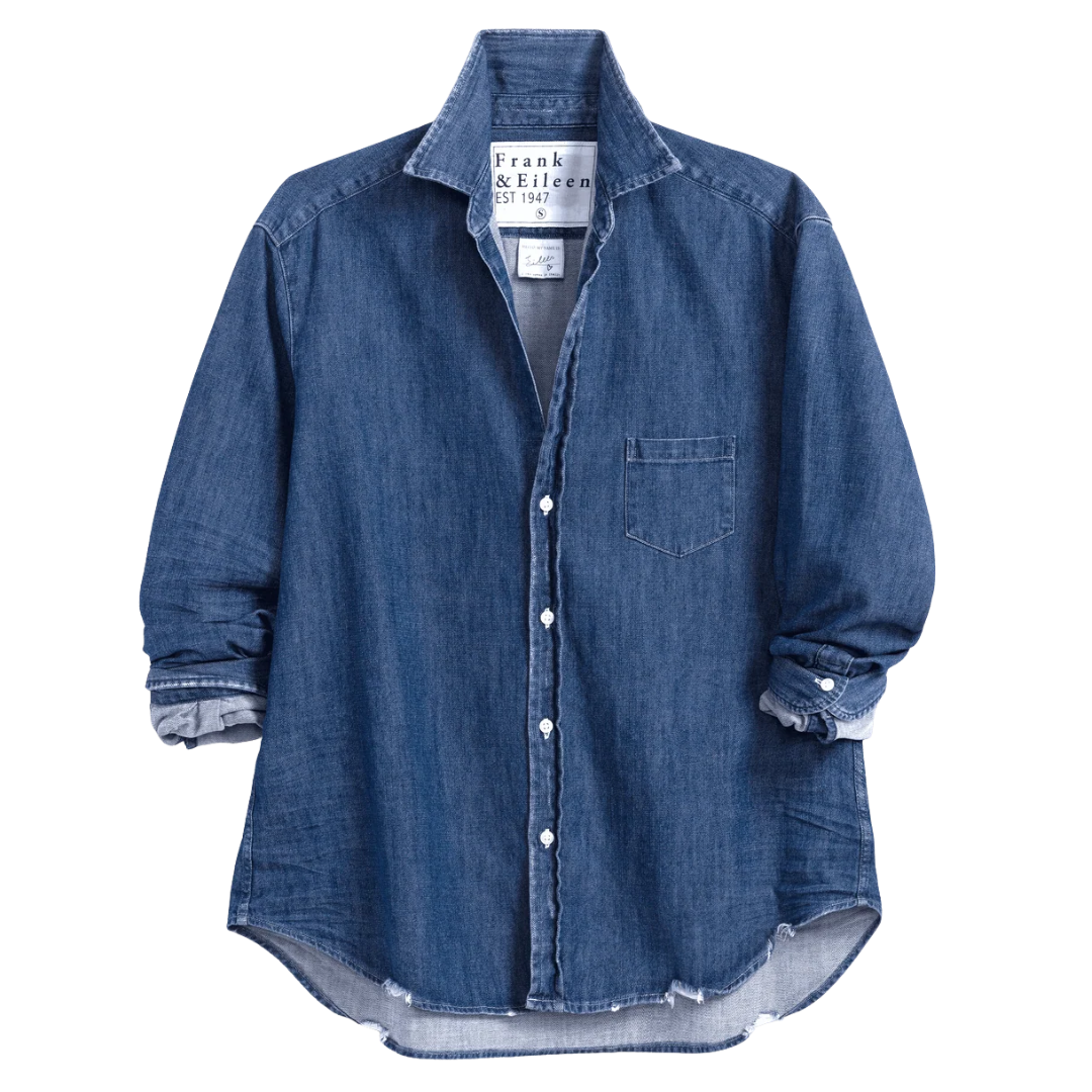 Eileen Relaxed Button-Up Shirt in Distressed Indigo Washed Denim